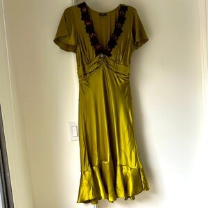 Vintage Mica chartreause silk satin midi dress